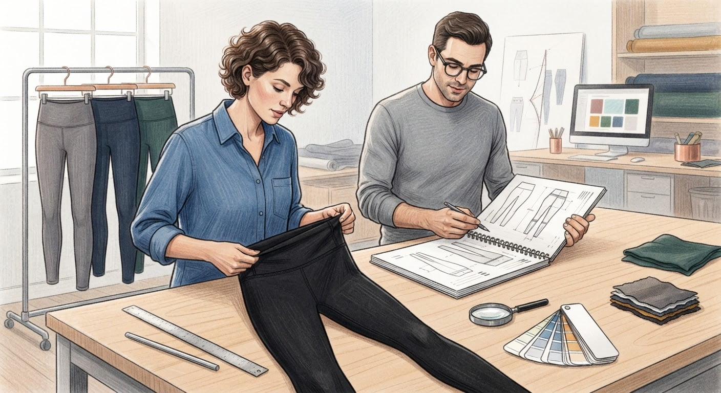 A professional quality control setting with a tech pack, measuring tools, and a garment sample on a table.