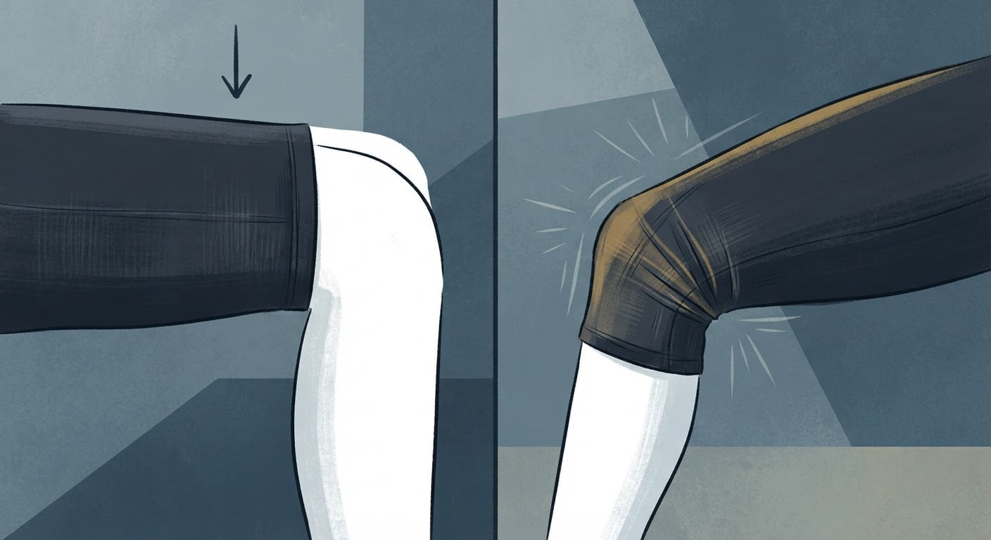 A side-by-side comparison showing fabric under static tension versus fabric stretched during a squat, highlighting the difference in opacity.