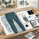 A clean, organized workspace featuring sketches and technical specification documents for apparel.