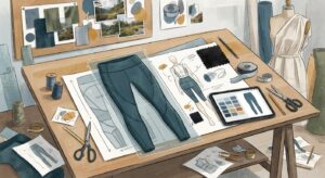 A clean, organized workspace featuring sketches and technical specification documents for apparel.