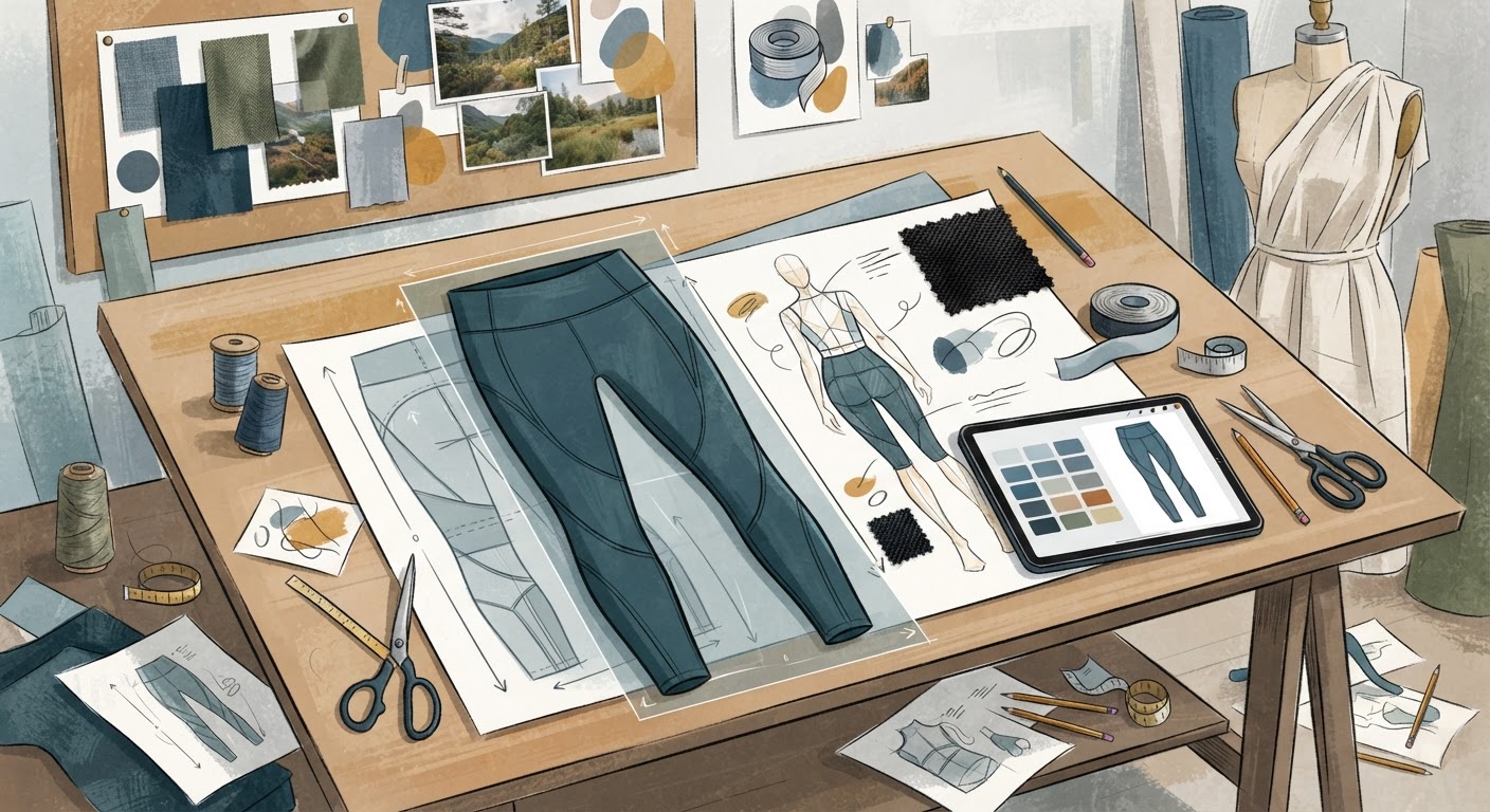 A clean, organized workspace featuring sketches and technical specification documents for apparel.